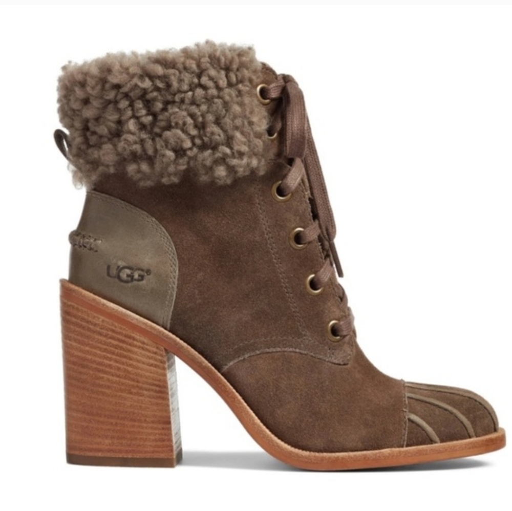UGG Jaxon SN 1095058 Brown Suede Shearling Lace-Up Heeled Boot Designer ST#20